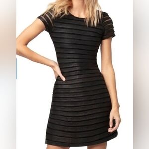 AS by DF Krista Black Leather Mesh Striped Mini Dress, Mock Neck, Sleeveless.